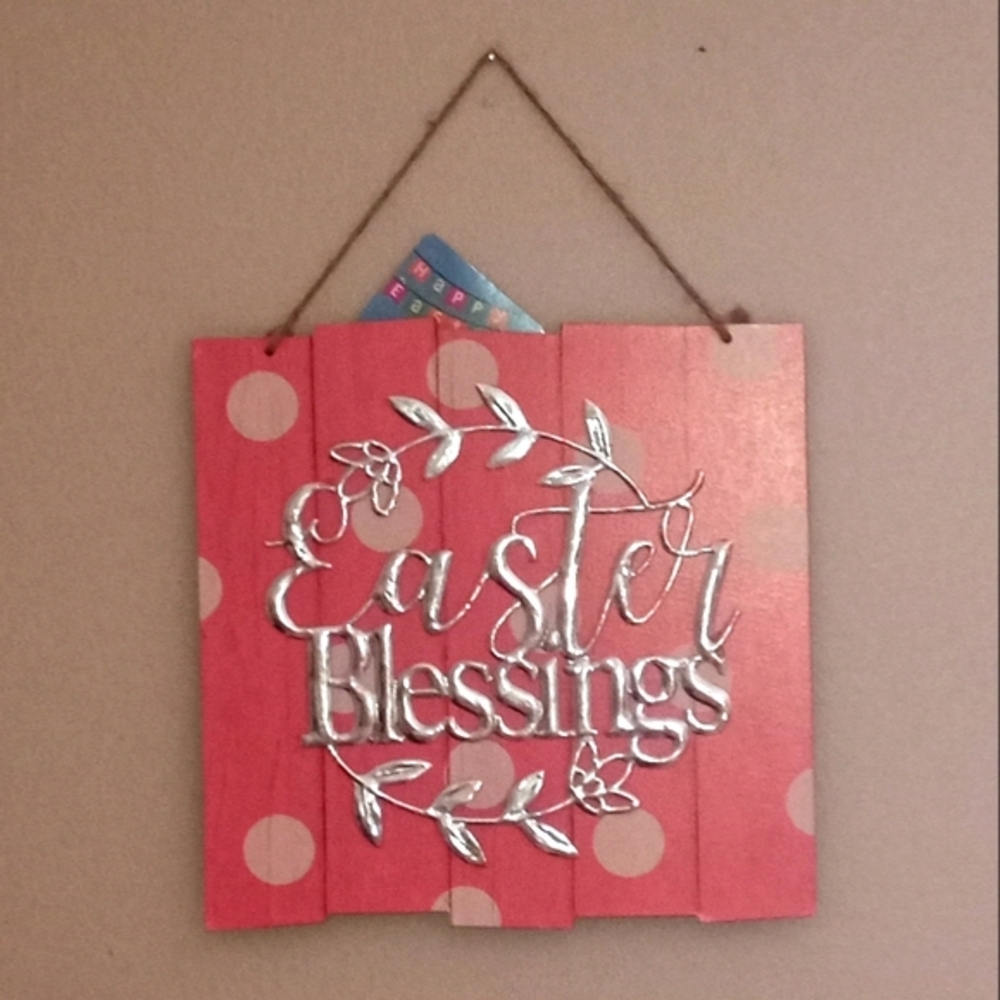 All🐥3/$25🐰"Easter Blessings" Pink Wooden and Metal Decal Easter Wall Ar